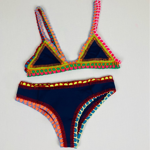 Kiini navy blue with multicolored elastic & crochet “Tasmin” two piece bikini. M - Picture 2 of 6